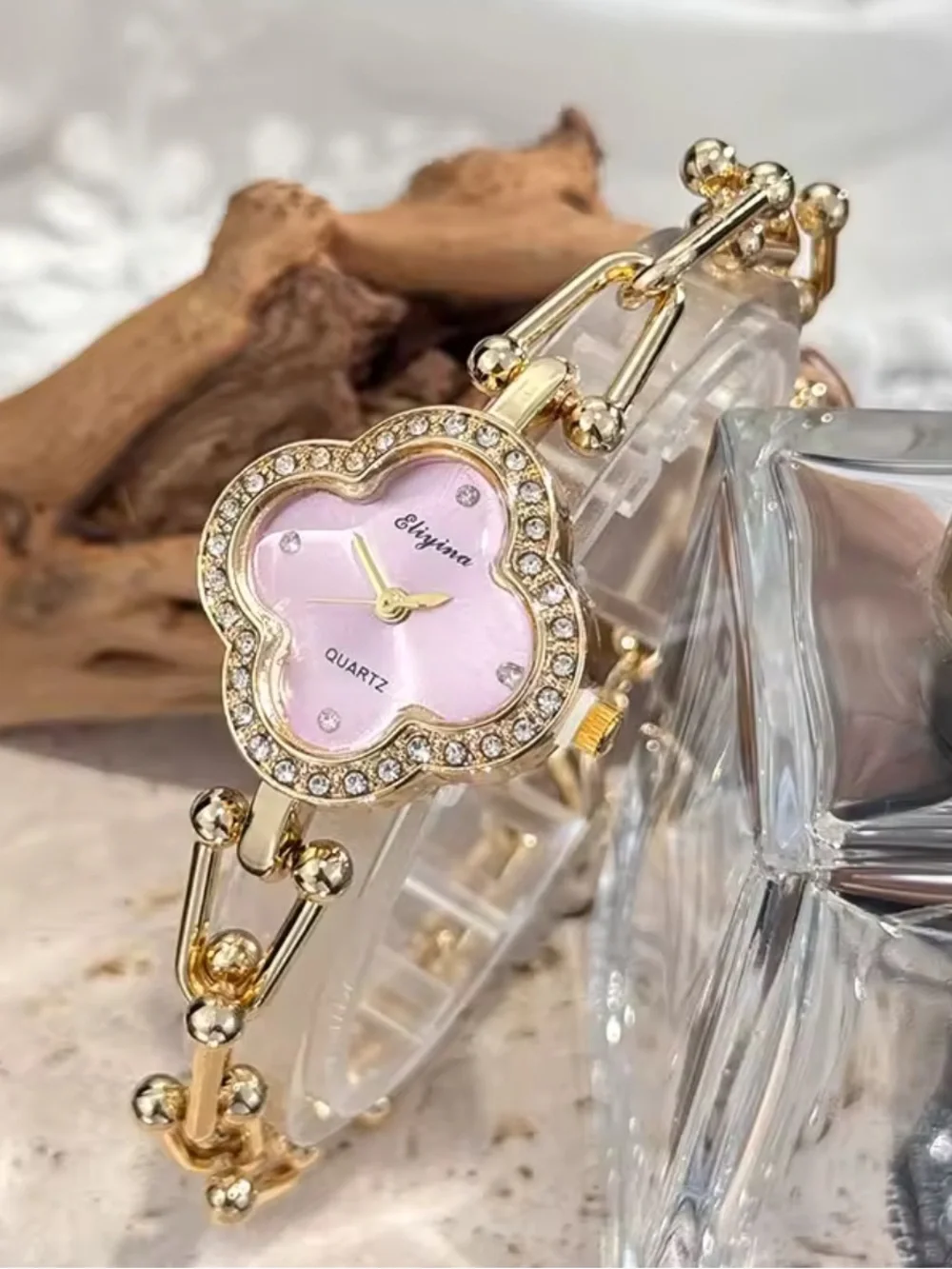 Gold-Tone Pink Dial Flower Quartz Watch